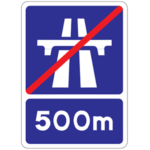 Motorway ends 500m ahead